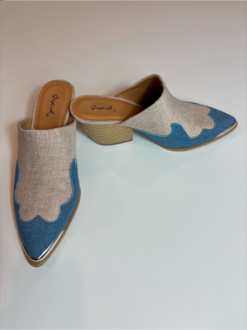 Qupid Beige and Blue Pointed Mule Boots with Low Block Heel